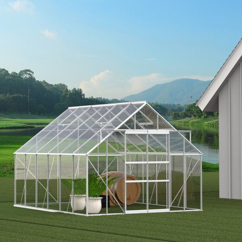 ShopGrowSpaces, 10' W x 12' D Walk-in Polycarbonate Greenhouse with Roof Vent Sliding Doors