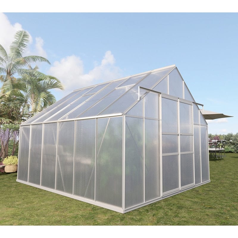 ShopGrowSpaces, 10' W x 12' D Walk-in Polycarbonate Greenhouse with Roof Vent Sliding Doors