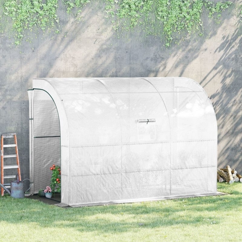 ShopGrowSpaces, 10' x 5' x 7' Outdoor Walk-In Greenhouse, Plant Nursery with Zippered Doors, PE Cover and 3 Wire Shelves, White