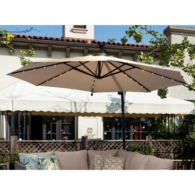 ShopGrowSpaces, 10ft Outdoor Patio Offset Cantilever Solar LED Umbrella W/ 32 Solar Powered LED Easy Tilt Adjustment -Beige shade umbrellas