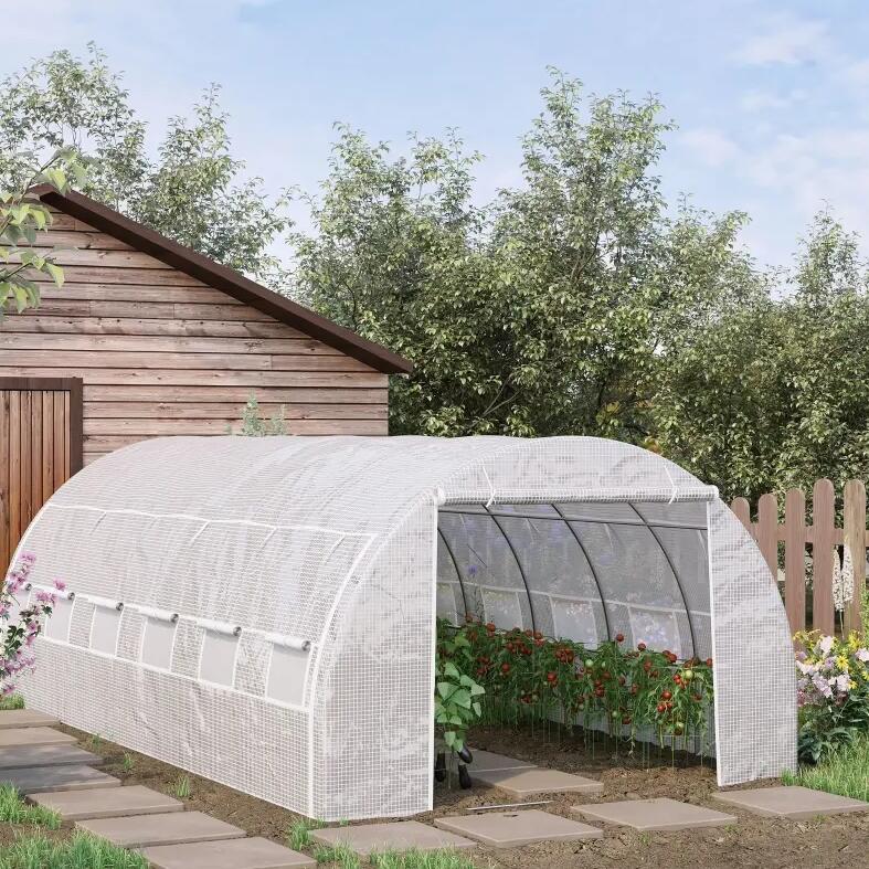 ShopGrowSpaces, 20' x 10' x 6' Outdoor Walk-In Tunnel Greenhouse w/12 Roll-Up Windows, White